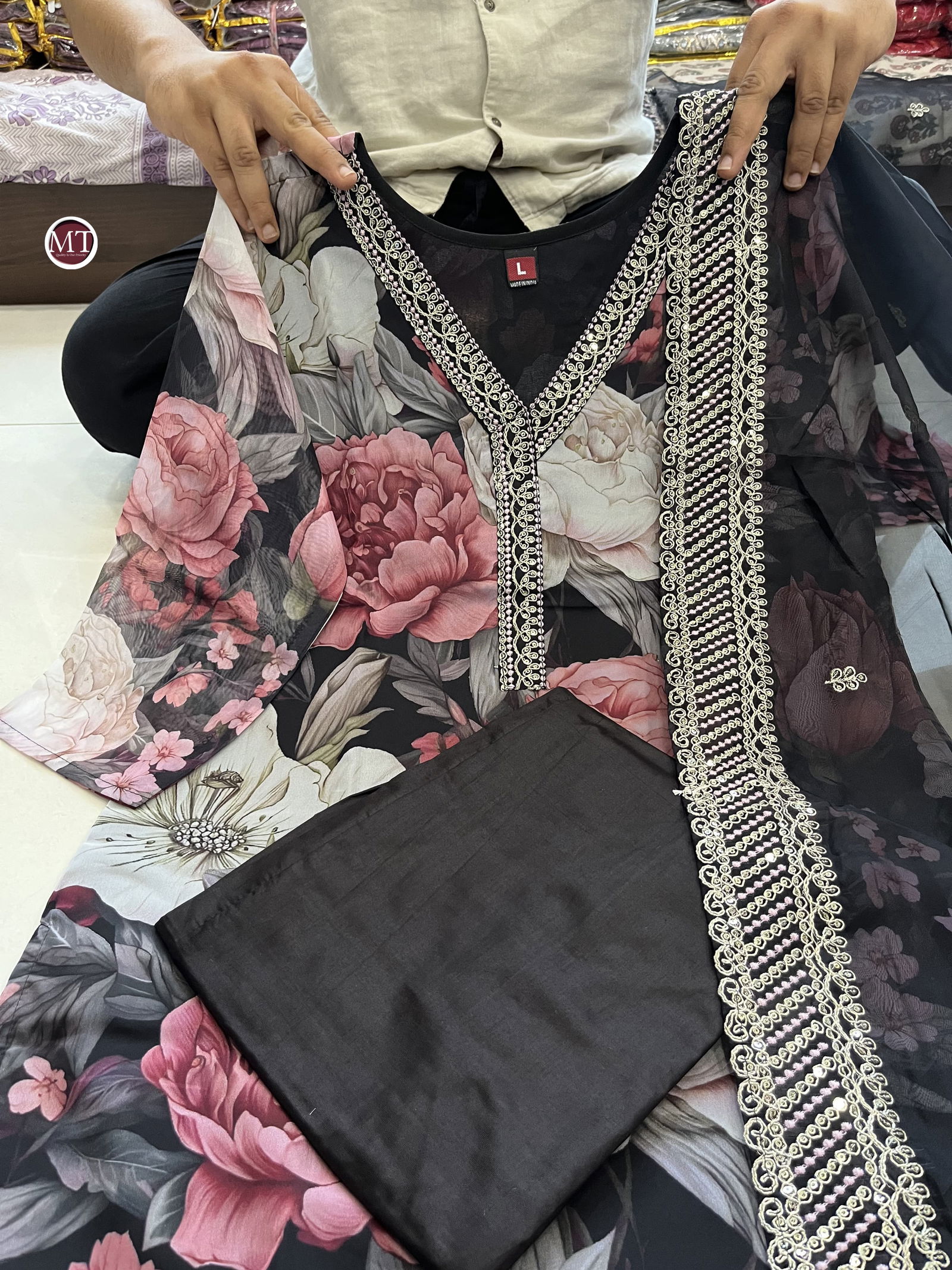 MT Black Embroidery Organza Kurti With Bottom Dupatta Wholesale Shop In Surat	